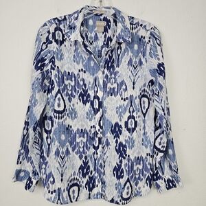 Chico's Linen Shirt Blue Print Button Front No Iron Sz 4/6 Cottagecore Coastal